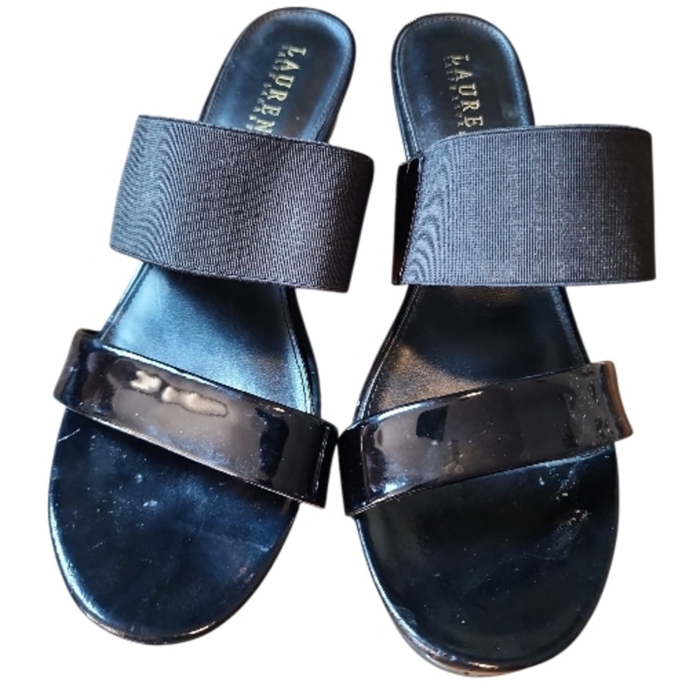 RALPH LAUREN | Black Rihanna Platform Wedge Slide Sandals Gold Accents | 9 B‎